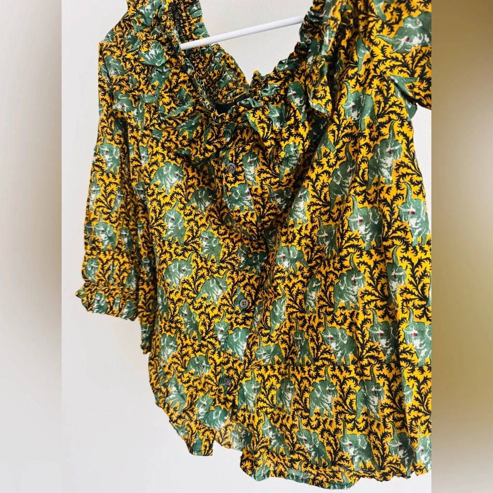 J.CREW Off The Shoulder Boho Blouse Mustard Green Ruffle Long Sleeve Shirt 6❤️